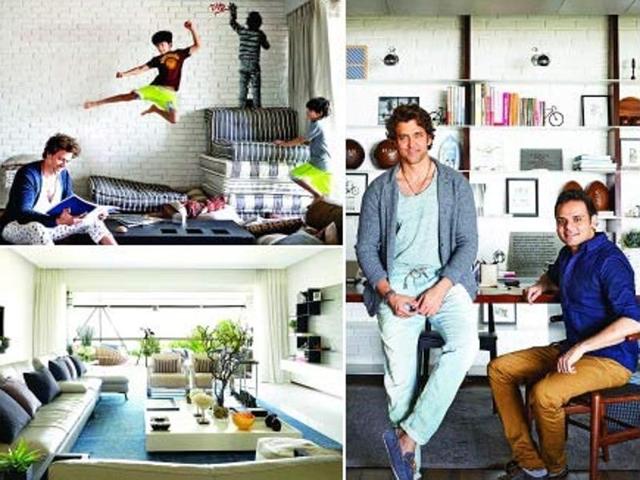 A look at Hrithik Roshan’s home in Mumbai that has been done by Architect Ashiesh Shah (far right); Hrithik along with his sons Hrehaan and Hridhaan chilling in their home (left and centre).(Björn Wallander/ Casa Vogue)