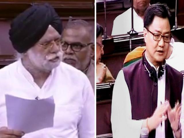 Senior Supreme Court lawyer KTS Tulsi (left) and minister of state for home affairs Kiren Rijiju (right) at Parliament House during the monsoon session. (Photos: YouTube, PTI) Senior Supreme Court lawyer KTS Tulsi (left) and minister of state for home affairs Kiren Rijiju (right) at Parliament House during the monsoon session. (Photos: YouTube, PTI)