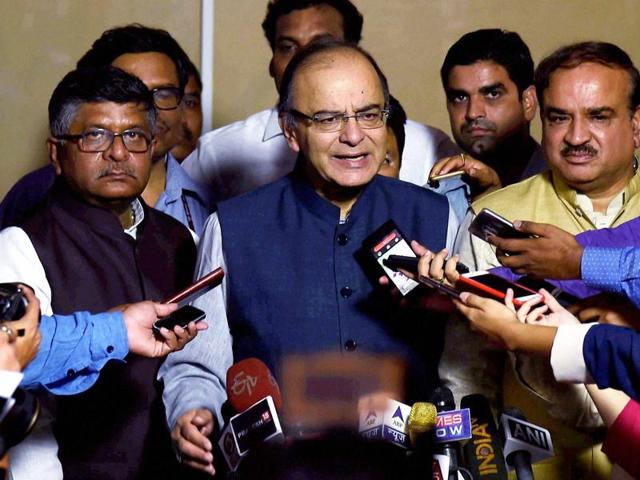 Finance Minister Arun Jaitley addressing a press conference at Parliament House after the goods and services tax bill was passed by the Rajya Sabha in New Delhi on Wednesday.(PTI)