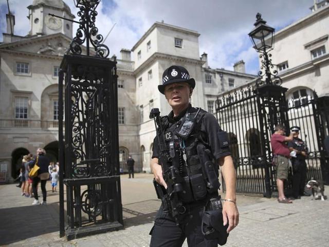 An armed police officer patrols Horse Guards in London, on Wednesday. (REUTERS) An armed police officer patrols Horse Guards in London, on Wednesday. (REUTERS)