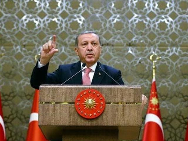 Turkey's President Tayyip Erdogan addresses the audience during a meeting at the Presidential Palace in Ankara, Turkey on Tuesday. (Reuters) Turkey's President Tayyip Erdogan addresses the audience during a meeting at the Presidential Palace in Ankara, Turkey on Tuesday. (Reuters)