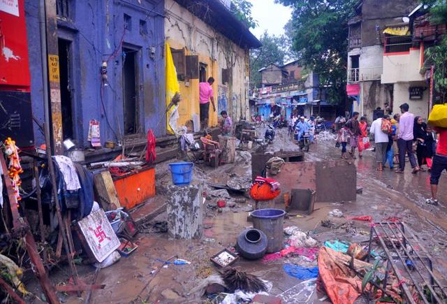 View after flood water recedes from locality caused by heavy rain in Nashik, India, on Tuesday.