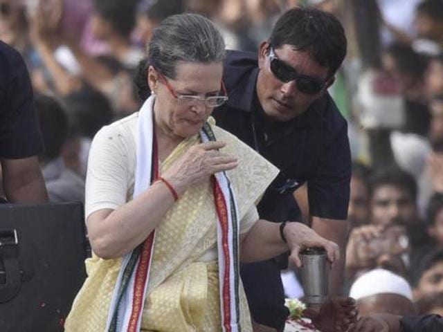Congress party President Sonia Gandhi during the roadshow in Varanasi. (Ravi Choudhary / HT Photo) Congress party President Sonia Gandhi during the roadshow in Varanasi. (Ravi Choudhary / HT Photo)