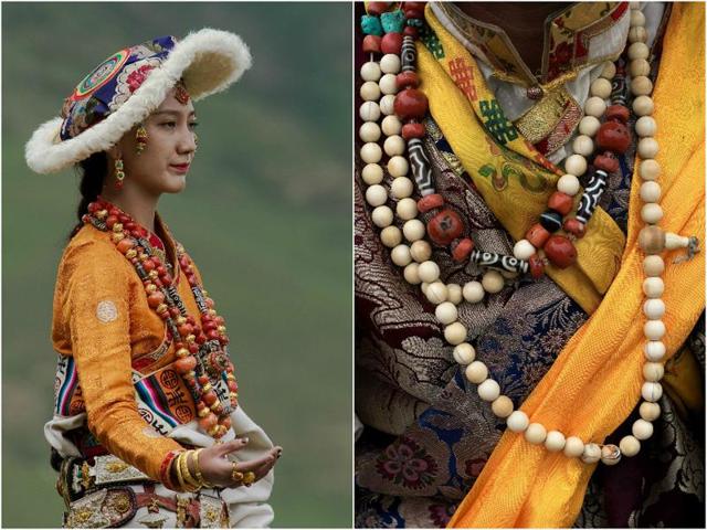 Prayer beads, hat, silks and beautiful drapes... Tibetan attire is its full glory. (AFP)