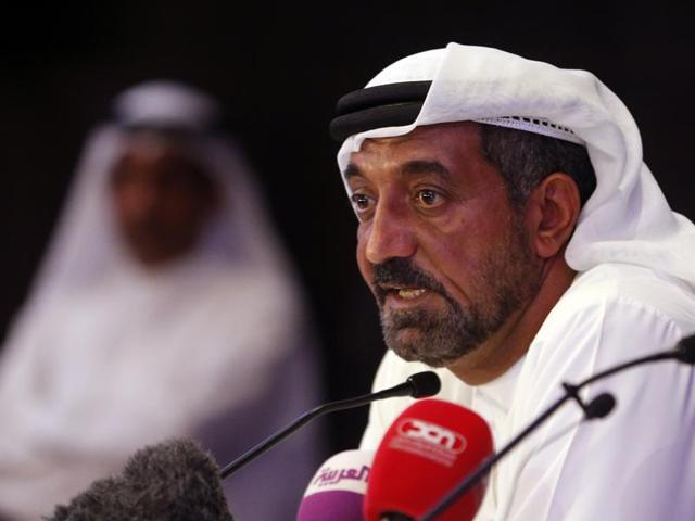 Emirates chief executive officer Sheikh Ahmed bin Saeed al-Maktoum gives a press conference near the airpot in Dubai.(AFP)