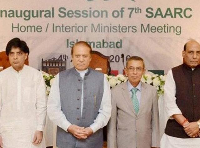 Pakistan's Prime Minister Nawaz Sharif with India's home minister Rajnath Singh (R) and Pakistan's interior minister Chaudhry Nisar Ali Khan (L) at the inaugural session of the 7th SAARC home/ interior ministers’ meeting in Islamabad on Thursday.(PTI)