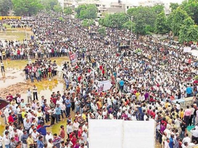 Members of the Dalit community participate in a protest rally in Ahmedabad. (Siddharaj Solanki/HT Photo)