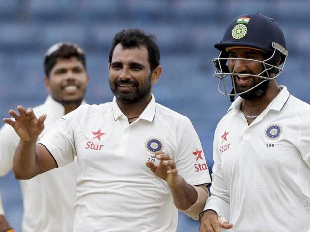 India's Mohammed Shami (centre) celebrates the dismissal of West Indies' Rajendra Chandrika on the opening day of the second Test at the Sabina Park in Kingston. (AP) India's Mohammed Shami (centre) celebrates the dismissal of West Indies' Rajendra Chandrika on the opening day of the second Test at the Sabina Park in Kingston. (AP)