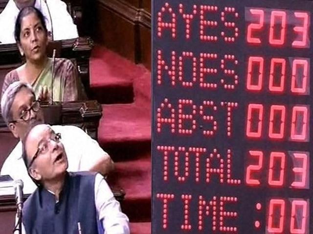 Finance Minister Arun Jaitley and BJP members during the voting on the GST Bill in the Rajya Sabha in New Delhi on Wednesday.(PTI)