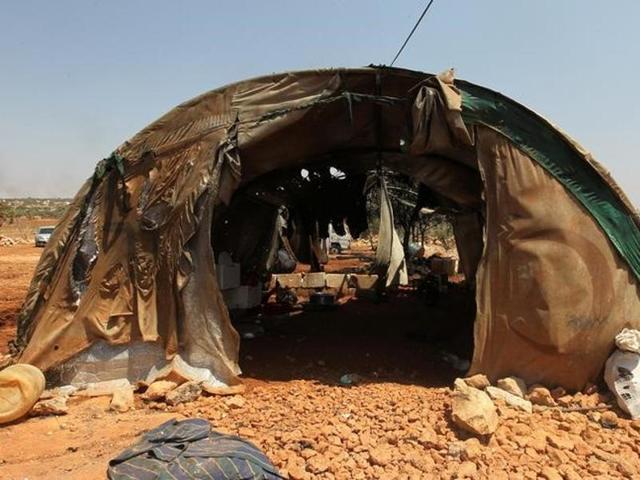 A damaged tent for displaced people is pictured after airstrikes on the outskirts of the rebel-held town of Atareb in Aleppo province. (Reuters) A damaged tent for displaced people is pictured after airstrikes on the outskirts of the rebel-held town of Atareb in Aleppo province. (Reuters)