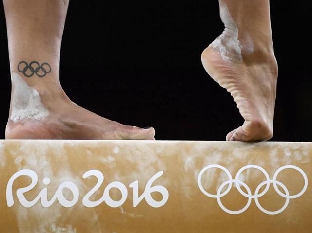 Close up of the feet of British gymnast Rebecca Downie of United Kingdom as she trains on the beam. (Reuters Photo) (REUTERS)