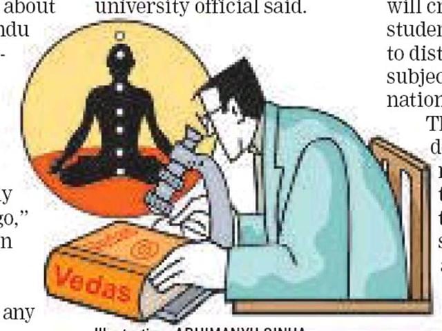 Engineering students of Atal Bihari Vajpayee Hindi University in Bhopal will soon trace the roots of modern science in Indian ancient texts — the Vedas, and writings of bygone-era mathematician Bhaskaracharya and sagescientist Acharya Kanad. (Illustration: Abhimanyu Sinha)
