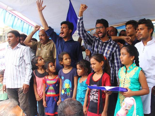 Dalits shout slogans as they start their ‘Azadi Kooch’ foot march to Una in Ahmedabad.(Siddharaj Solanki/ HT photo)