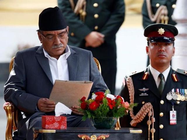 Nepal’s new Prime Minister Pushpa Kamal Dahal “Prachanda” arrives to take oath of office during a swearing-in ceremony at the presidential building in Kathmandu on Thursday.(AP)