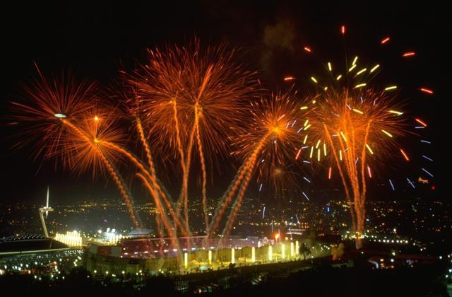 25 Jul 1992: Fireworks explode over the Montjuic Stadium Barcelona at the opening ceremony of the 1992 Olympic Games in Barcelona, Spain. (Getty Images) 25 Jul 1992: Fireworks explode over the Montjuic Stadium Barcelona at the opening ceremony of the 1992 Olympic Games in Barcelona, Spain. (Getty Images)