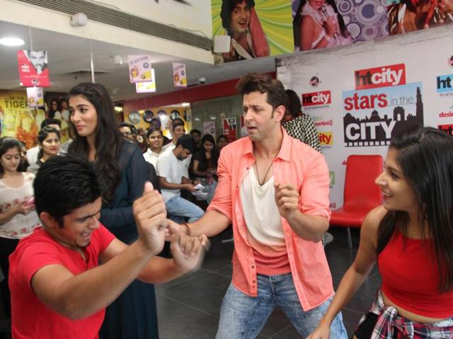 Some more energetic dancing here... Hrithik’s character is called Sarman and Pooja’s character is named Chaani in the film. (Shivam Saxena/HT Photo) 