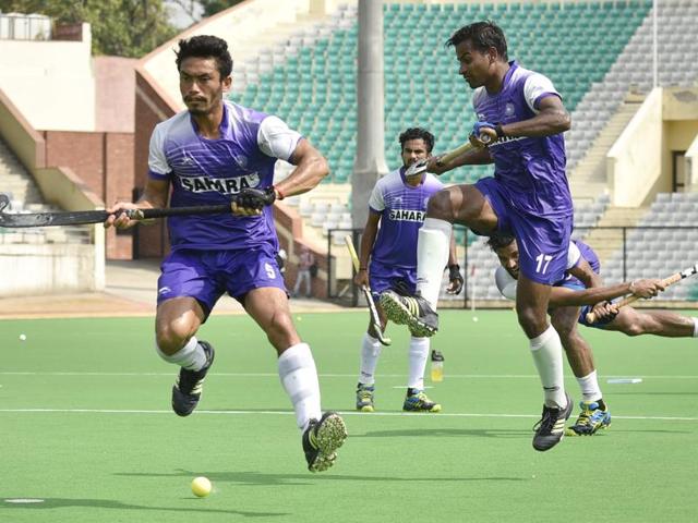New Delhi, India - July 13, 2016: Indian hockey team players during a training session at National Stadium in New Delhi, India, on Wednesday, July 13, 2016. (Photo by Ravi Choudhary/ Hindustan Times)(Hindustan Times)