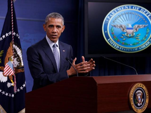 President Barack Obama talks about the war on terrorism during a news conference at the Pentagon on Thursday. (AP)