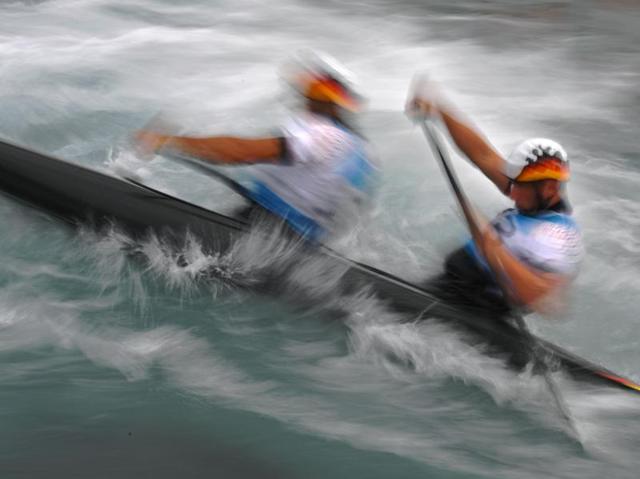 German canoeists Franz Anton (left) and Jan Benzien (right) take part in a training session at the Canoe and Kayak White Water X-Park stadium in Rio. (AFP Photo) (AFP)