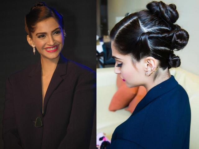 Actor Sonam Kapoor rocked the three-way twisted bun at a recent event. (Girish Srivastav; Instagram/Sonam Kapoor)