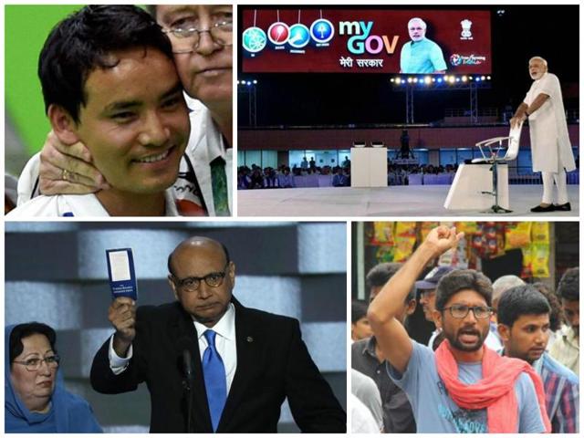 From top clockwise: Jitu Rai at Rio Games, PM Narendra Modi speaks at townhall in New Delhi, Khizr Khan at the Democratic Convention, Jignesh Mevani in Gujarat.(Agencies)