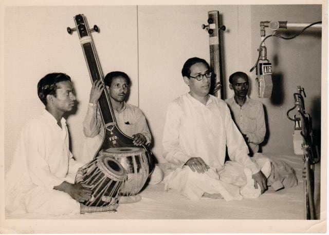 One of the most influential figures in Hindustani vocal music and the founder of the Indore Gharana, Ustad Amir Khan (second from right) at an AIR programme. (Photo courtesy: AIR) One of the most influential figures in Hindustani vocal music and the founder of the Indore Gharana, Ustad Amir Khan (second from right) at an AIR programme. (Photo courtesy: AIR)