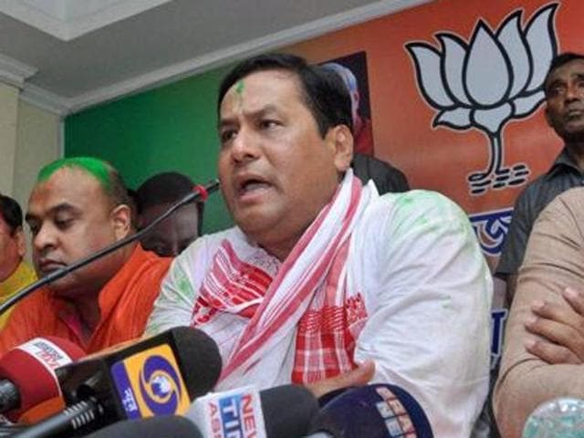 Assam chief minister Sarbananda Sonowal addresses a press conference at the BJP office in Guwahati. (PTI) Assam chief minister Sarbananda Sonowal addresses a press conference at the BJP office in Guwahati. (PTI)