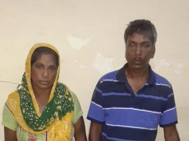 One of Haryana’s most-wanted criminals, Satbir Singh, right, and his wife, Kamlesh, were arrested from Tilak Nagar on Wednesday.(Prawesh Lama/ HT Photo) One of Haryana’s most-wanted criminals, Satbir Singh, right, and his wife, Kamlesh, were arrested from Tilak Nagar on Wednesday.(Prawesh Lama/ HT Photo)