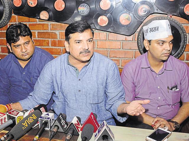(From left) AAP leaders Sandeep Kumar, Sanjay Singh, and Naresh Yadav visited the party workers in jail on Saturday. (Sakib Ali/HT Photo)