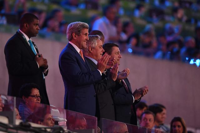 US secretary of state John Kerry (2nd left) applauds the USA team during the opening ceremony of the Rio 2016 Olympic Games. (AFP Photo) US secretary of state John Kerry (2nd left) applauds the USA team during the opening ceremony of the Rio 2016 Olympic Games. (AFP Photo)