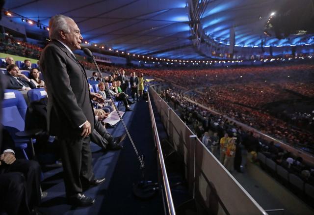 Brazil interim president Michel Temer opens the 2016 Summer Olympics during the opening ceremony in Rio de Janeiro, Brazil. (AP Photo) Brazil interim president Michel Temer opens the 2016 Summer Olympics during the opening ceremony in Rio de Janeiro, Brazil. (AP Photo)