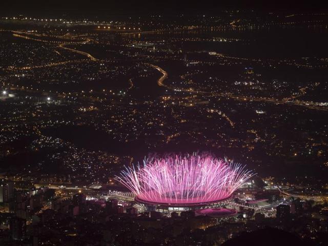 Fireworks explode over Maracana Stadium during the opening ceremony at the 2016 Summer Olympics in Rio de Janeiro, Brazil. (AP Photo)