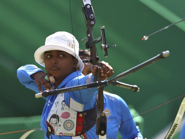 Depika Kumari of India during the archery team pre-quarterfinal against Colombia. India won 205-197 against the Colombians.(REUTERS)