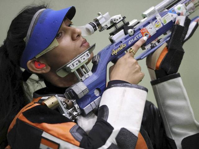 Ayonika Paul during the women's 10m air rifle qualification at the Olympic Shooting Centre in Rio on Saturday.(AP)