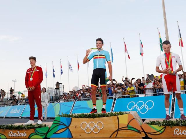 Belgium's Greg Van Avermaet won the gold at the Men's Road cycling race, while Denmark's Jakob Fuglsang clinched silver and Poland's Rafal Majka bagged the bronze. (AFP Photo) Belgium's Greg Van Avermaet won the gold at the Men's Road cycling race, while Denmark's Jakob Fuglsang clinched silver and Poland's Rafal Majka bagged the bronze. (AFP Photo)