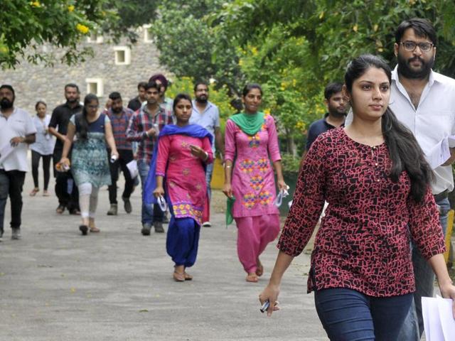 Candidates coming out after appearing in the UPSC preliminary exam at Government College for Girls in Ludhiana on Sunday. (Gurminder Singh/HT Photo) Candidates coming out after appearing in the UPSC preliminary exam at Government College for Girls in Ludhiana on Sunday. (Gurminder Singh/HT Photo)