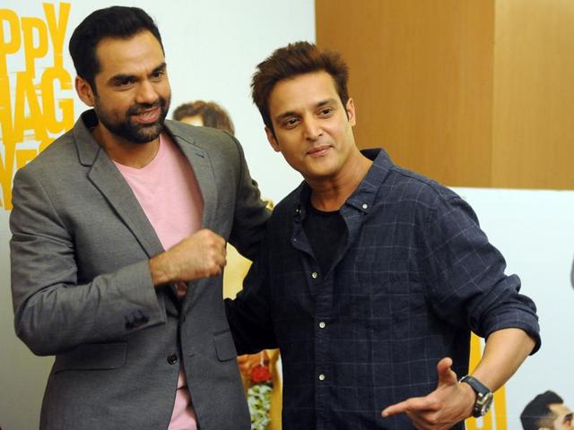 Abhay Deol and Jimmy Shergill pose for a photograph during a promotional event for the forthcoming Hindi film Happy Bhaag Jayegi. (AFP)