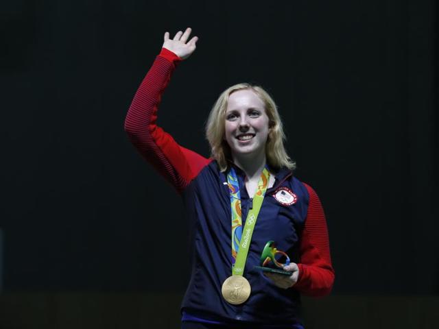 Virginia Thrasher of the United States celebrates after winning the first gold medal of the 2016 Olympics, in the Women's 10m Air Rifle event. (AP Photo) Virginia Thrasher of the United States celebrates after winning the first gold medal of the 2016 Olympics, in the Women's 10m Air Rifle event. (AP Photo)
