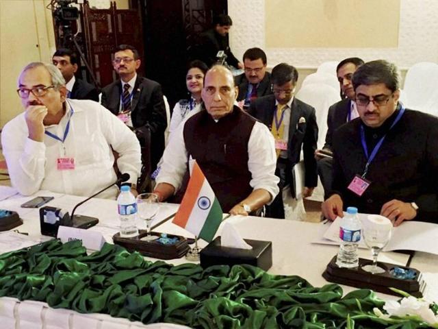 Union home minister Rajnath Singh along with the Indian delegation attends the first working session of Saarc home ministers' conference in Islamabad. (PTI) Union home minister Rajnath Singh along with the Indian delegation attends the first working session of Saarc home ministers' conference in Islamabad. (PTI)