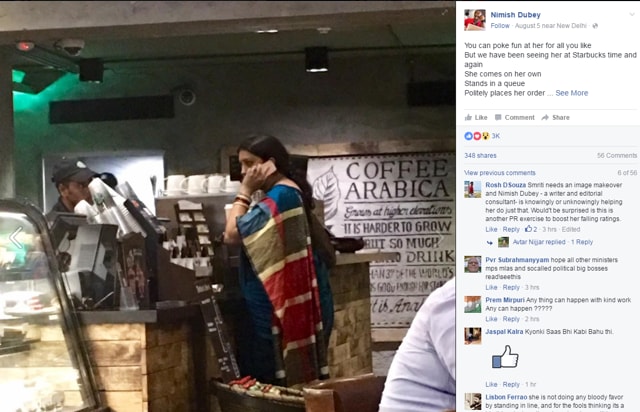 A customer at a Starbucks outlet in Connaught Place spotted Union minister Smriti Irani walk in, stand in line, wait for her turn to order something and leave without most people realising she was there. The customer immediately posted a picture of Irani on Facebook. (Nimish Dubey/Facebook)