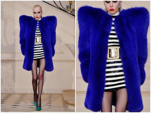 Blue was a favourite with designers and fashion brands in the latest catwalk shows. Saint Laurent used it for its fur coats, shoes and dresses in very retro rock’n’roll style. Here is an electric blue fur coat with a feminine ‘80s vibe from the Saint Laurent F/W 16 collection. (AFP) 