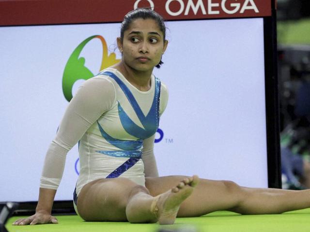 Indian gymnast Dipa Karmakar rests during a training session ahead of the 2016 Summer Olympics.(AP Photo)
