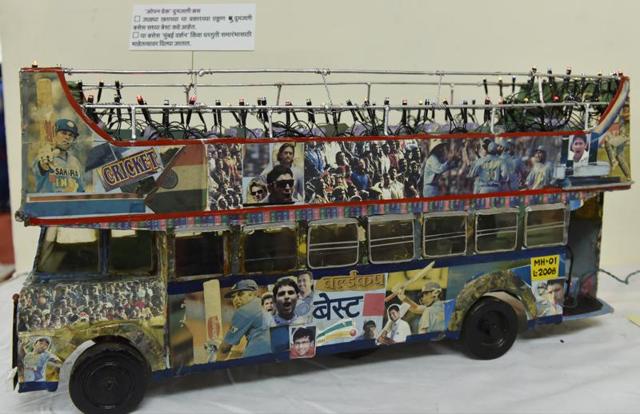 A model of the open deck double-decker bus which was used by the Indian cricket team for a victory rally after winning the T20 World Cup . (ANSHUMAN POYREKAR) 