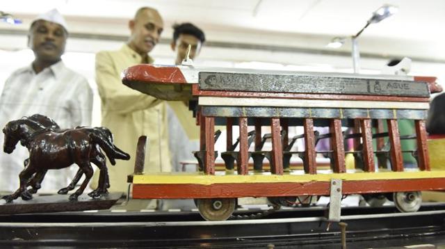 A horse-run 25-seater tram that was seen on the streets of Mumbai between 1874 and 1907 on display at an exhibition at Ravindra Natya Mandir, Prabhadevi on the occasion of BEST day, which is celebrated on August 7 every year.  (ANSHUMAN POYREKAR) 