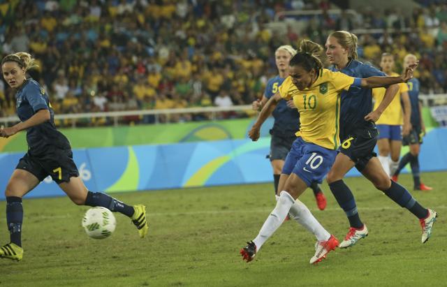 Marta scored twice against Sweden as Brazil won the game 5-1. They have scored eight goals so far in the tournament. (Gonzalo Fuentes/REUTERS)