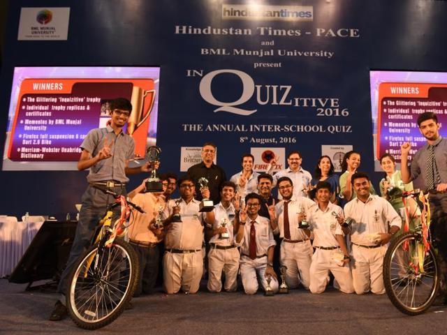 The six finalists of Inquizitive, the annual HT-PACE (Partnerships for Action in Education) inter-school quiz, held at the Talkatora Indoor Stadium on Monday. (Sushil Kumar/HT PHOTO) The six finalists of Inquizitive, the annual HT-PACE (Partnerships for Action in Education) inter-school quiz, held at the Talkatora Indoor Stadium on Monday. (Sushil Kumar/HT PHOTO)