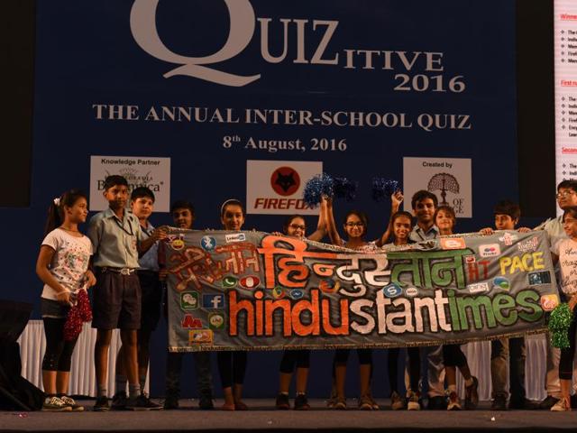 Blue Bells Public School, Gurgaon, with their banner at the annual HT-PACE (Partnerships for Action in Education) inter-school quiz. (Sushil Kumar/HT PHOTO) Blue Bells Public School, Gurgaon, with their banner at the annual HT-PACE (Partnerships for Action in Education) inter-school quiz. (Sushil Kumar/HT PHOTO)