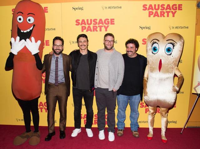 Paul Rudd, from left, James Franco, Seth Rogen and David Krumholtz pose with the costumed characters from the animated film Sausage Party during a screening in New York. (Charles Sykes/Invision/AP) Paul Rudd, from left, James Franco, Seth Rogen and David Krumholtz pose with the costumed characters from the animated film Sausage Party during a screening in New York. (Charles Sykes/Invision/AP)