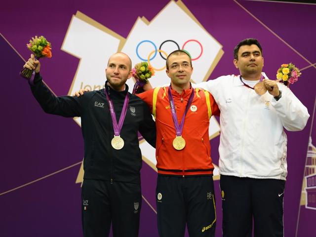 A proud moment, one which Gagan Narang called ‘a huge stone off my chest’ at the medal ceremony after the 10m air rifle final. (Getty Images)