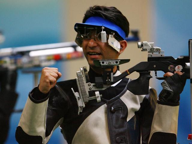 Normally bereft of any emotion, Abhinav Bindra lets it loose after winning the gold medal in the men's 10m air rifle final at the Beijing Shooting Range Hall on August 11, 2008 . (Getty Images)